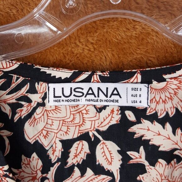 LUSANA Womens Dress Small Black Floral Pullover Fit Flare Belted Ruffle Peasant - Picture 2 of 8